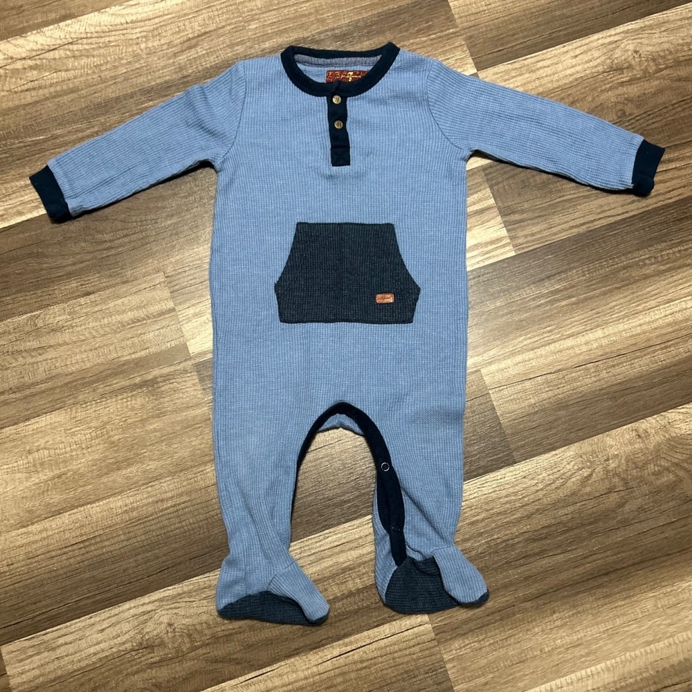 7 For All Mankind Baby Outfit 6/9 M Blue Waffle Knit Henley Long Sleeve Footed